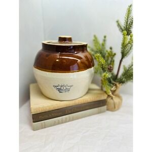 2-Quart Brown and Cream Stoneware Crock with Lid